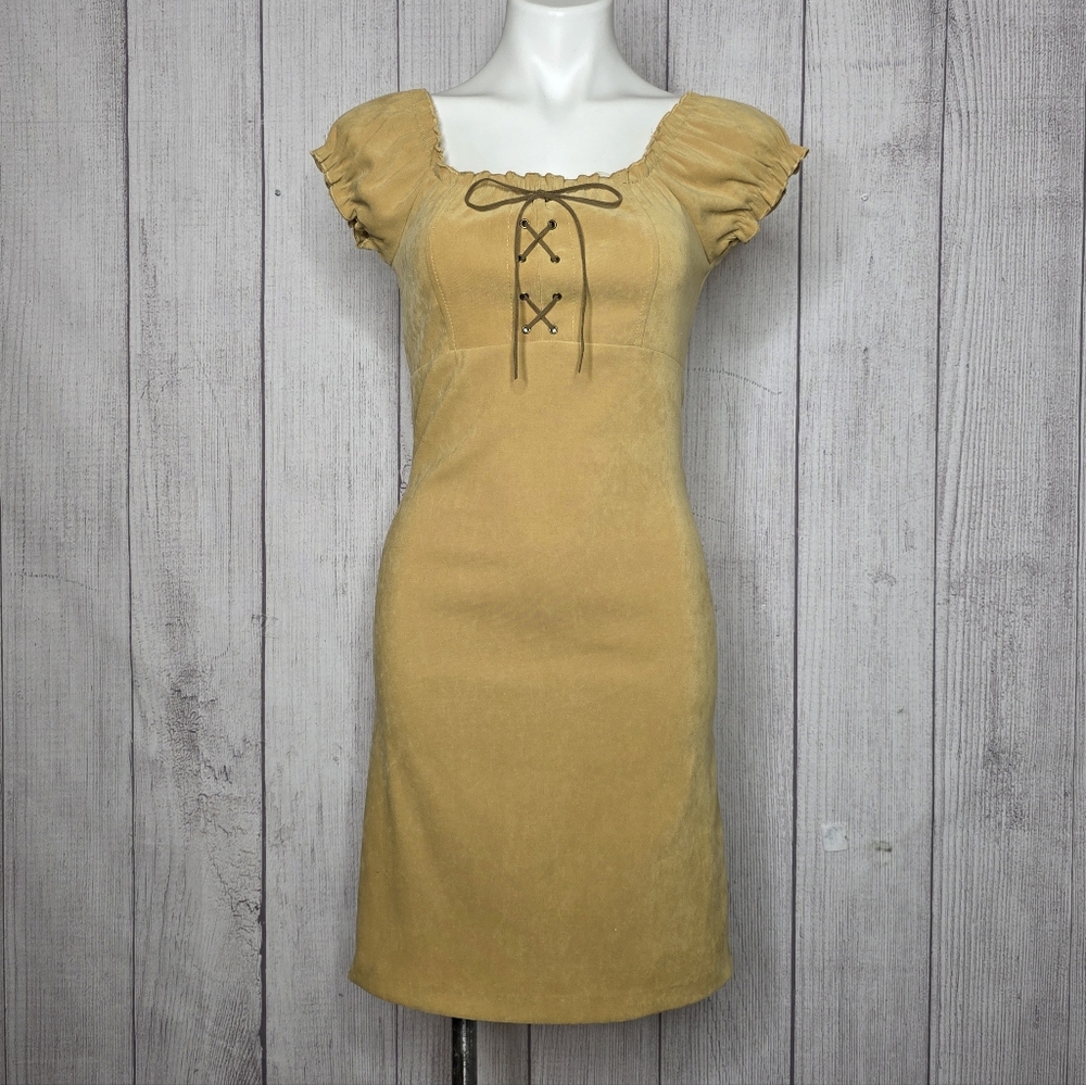 Y2K Rave Tan Faux Suede Lace-Up Dress Pocahontas Renaissance - sz Medium